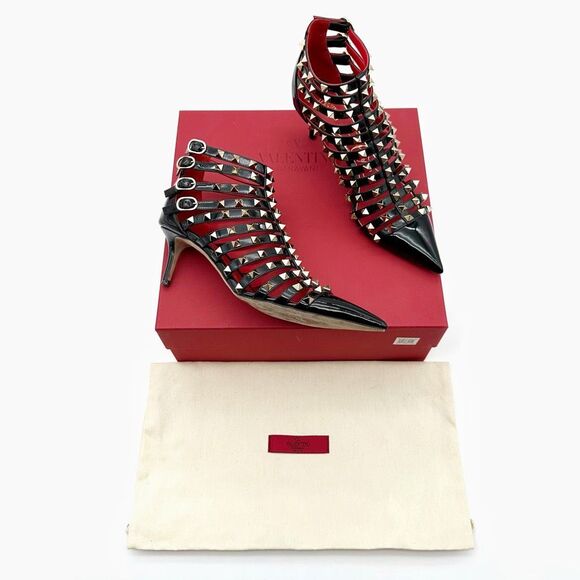 VALENTINO Rockstud Alcove Black Leather Boot Size 38 Pointed Toe Kitten Stiletto - Picture 2 of 11